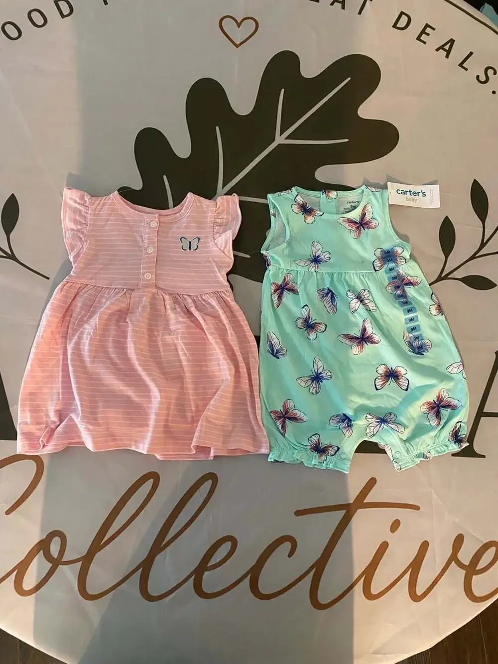 Carter's Baby Girl 9M 2-Piece Striped Pink Dress and Butterfly Print Romper Set